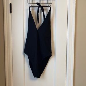 Scoop back, high waist, deep v-neck swimsuit